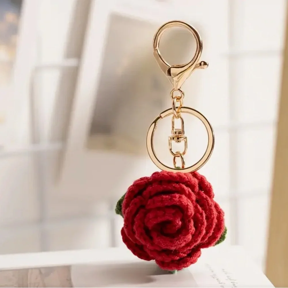 Crocheted Red Rose Keychain Bag Charm